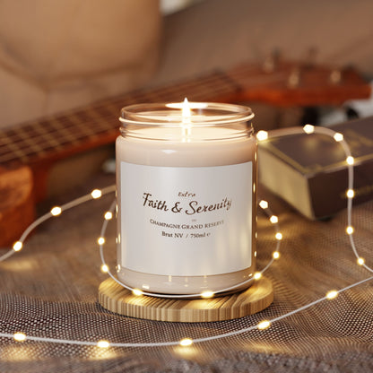 Candle in a glass jar with a wooden coaster on a table with string lights and a guitar in the background