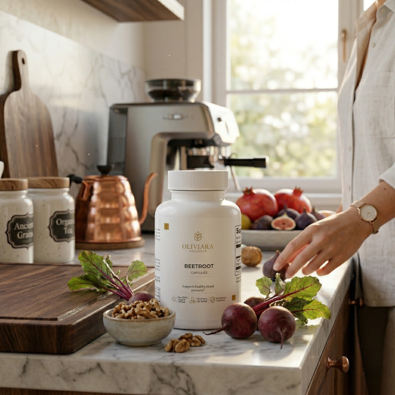 Person in a kitchen with a bottle of Oliviara Superfoods Beetroot on a counter.