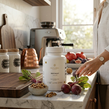 Person in a kitchen with a bottle of Oliviara Superfoods Beetroot on a counter.