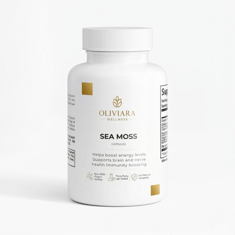 Oliviara Wellness Sea Moss supplement bottle on a white background