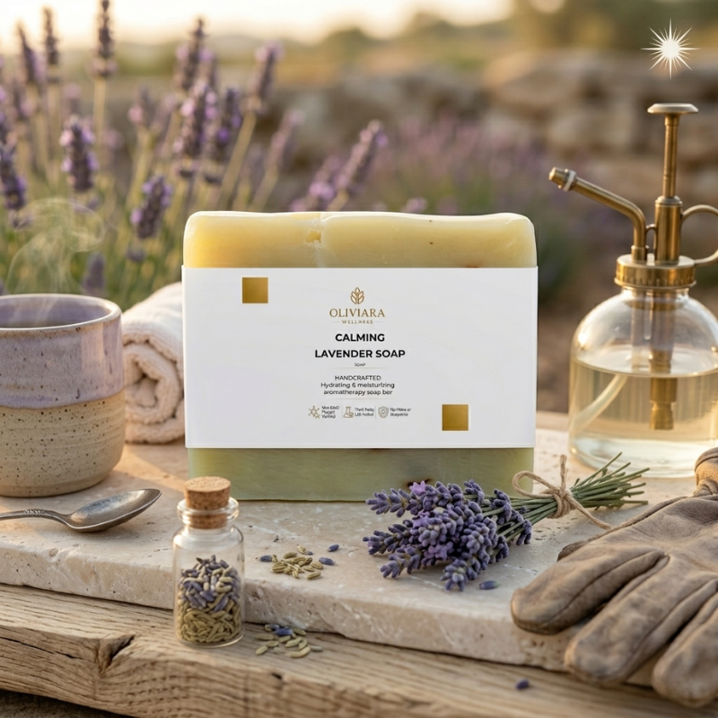 Oliviera Calming Lavender Soap on a wooden surface with lavender flowers and a field in the background