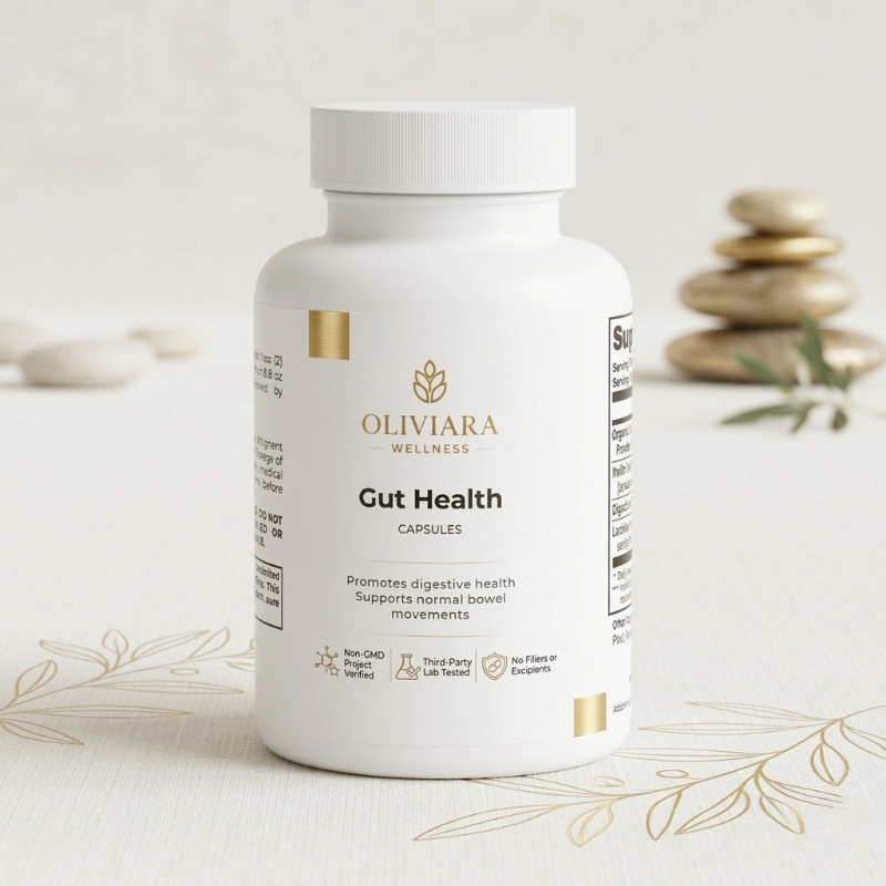 Oliviera Wellness Gut Health supplement bottle on a light background