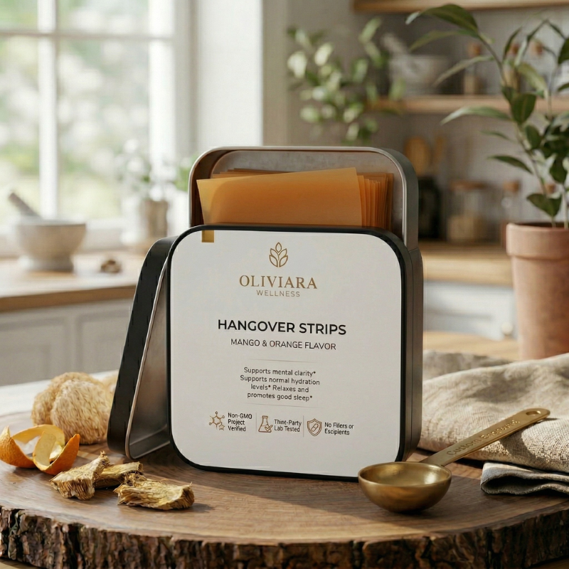 Oliviara Wellness Hangover Strips packaging on a wooden surface with a kitchen background