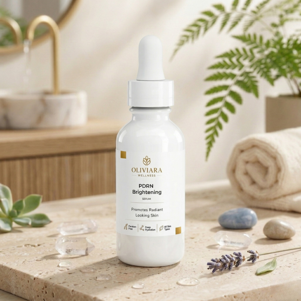 White bottle of Oliviara skincare product on a wooden surface with plants and towels in the background