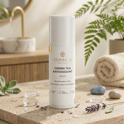 Oliviana Wellness Green Tea Antioxidant Serum bottle on a bathroom counter with plants and towels in the background.