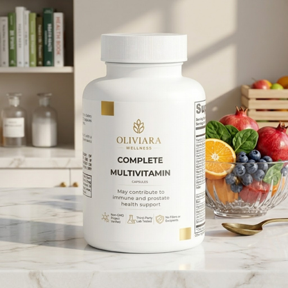 Oliviera Wellness Complete Multivitamin bottle on a marble surface with fruits in the background
