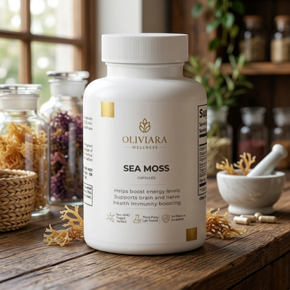 Oliviara Wellness Sea Moss supplement bottle on a wooden surface with natural elements.
