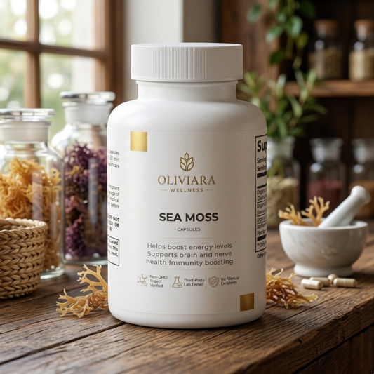 Oliviara Wellness Sea Moss supplement bottle on a wooden surface with natural elements.