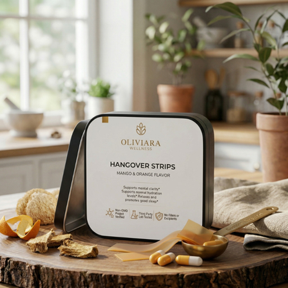 Oliviera Wellness Hangover Strips packaging on a wooden surface with kitchen background