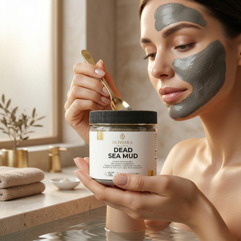 Woman applying dead sea mud mask to her face with a jar of the product in a bathroom setting.