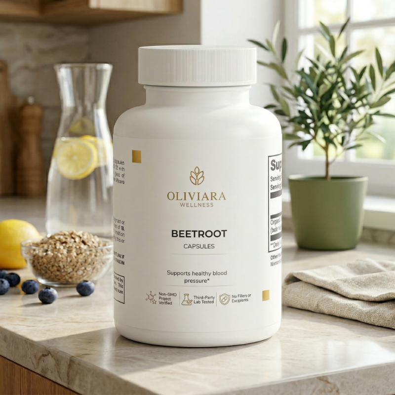 Oliviera Wellness Beetroot Capsules bottle on a kitchen counter with lemons, blueberries, and a plant in the background.