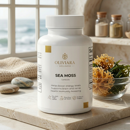 Oliviaea Wellness Sea Moss supplement bottle on a surface with a window and natural elements in the background