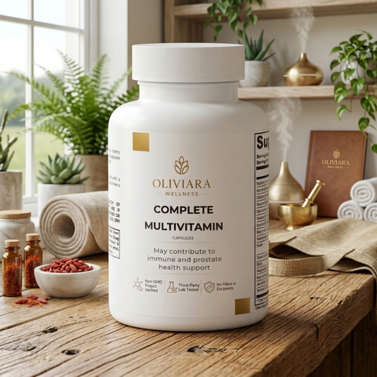 Oliviera Wellness Complete Multivitamin bottle on a wooden table with a homey background