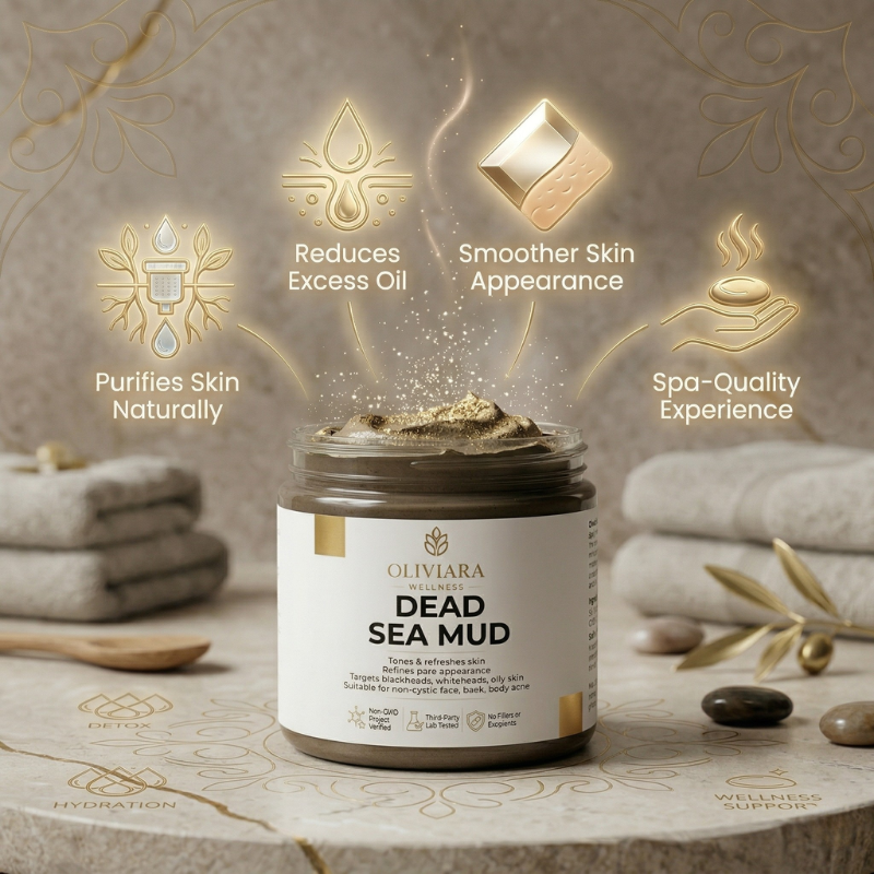 Oliviera Dead Sea Mud jar with benefits on a decorative background