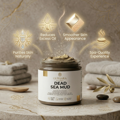 Oliviera Dead Sea Mud jar with benefits on a decorative background