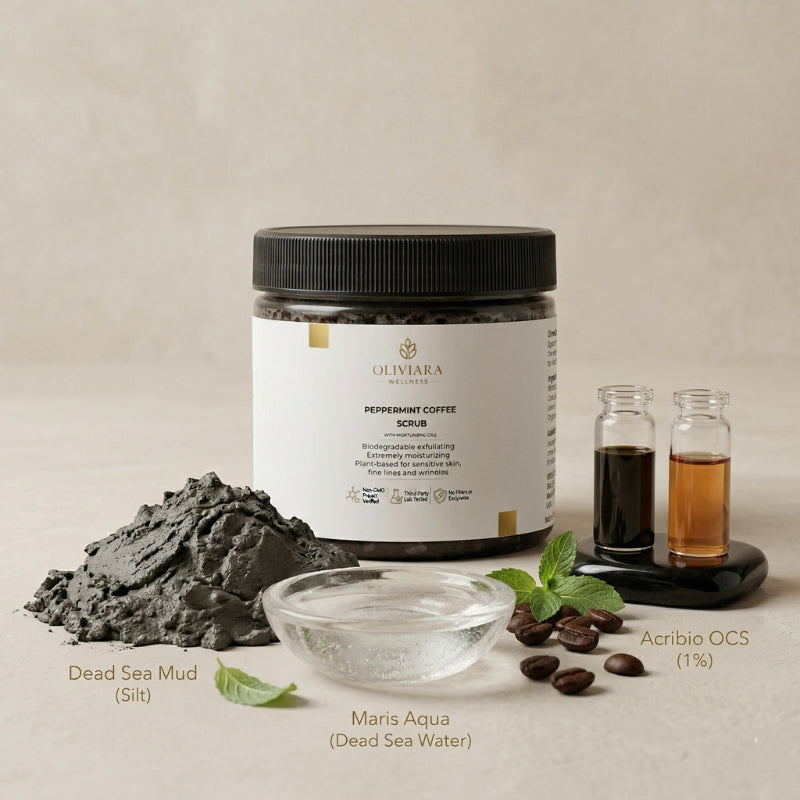 Oliviera Peppermint Coffee Scrub with ingredients on a neutral background
