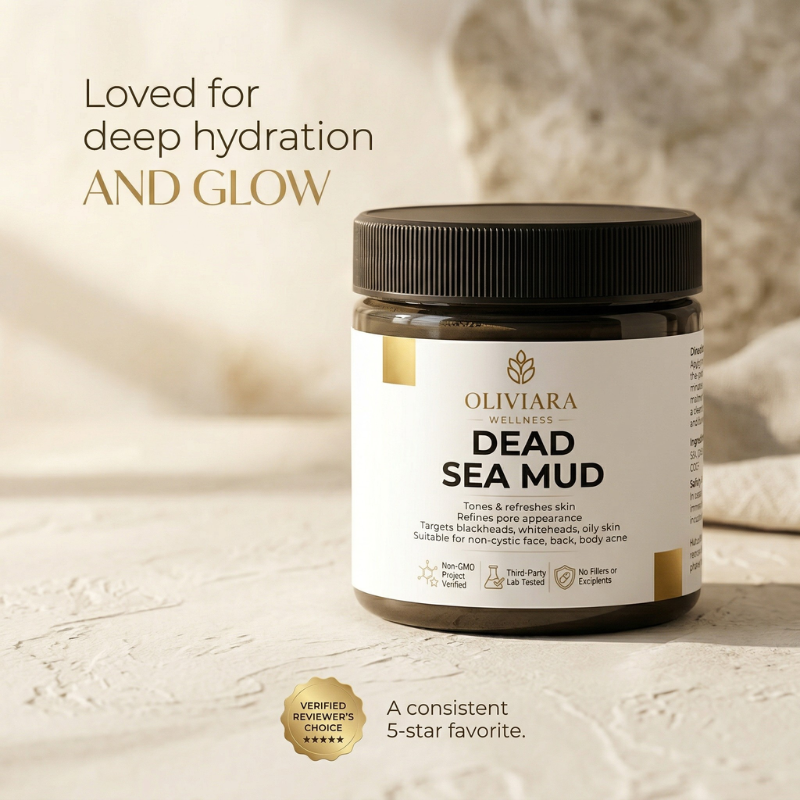 Jar of Olivara Dead Sea Mud on a textured surface with promotional text.