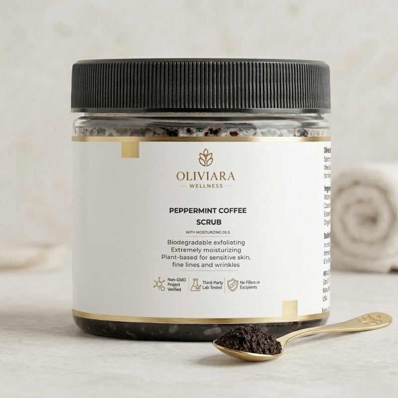 Oliviara Wellness peppermint coffee scrub jar with a spoonful of scrub on a neutral background