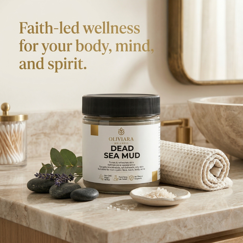 Oliviera Dead Sea Mud product on a bathroom counter with text about faith-led wellness.
