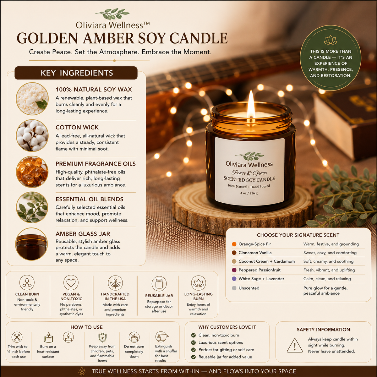 Oliviara Wellness™ Golden Amber Soy Candle