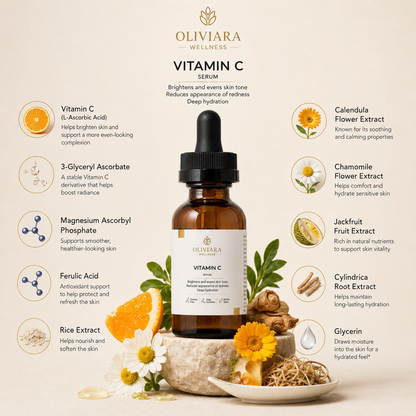 Oliviera Wellness Vitamin C serum with ingredients and benefits on a beige background