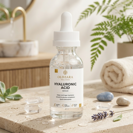 Bottle of Oliviera Hyaluronic Acid Serum on a bathroom counter with plants and towels in the background.